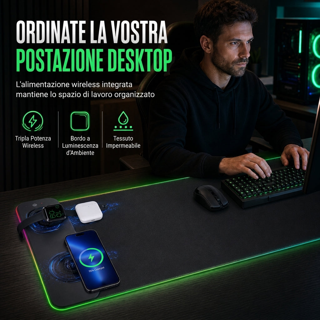 Tappetino Mouse RGB Gaming Grande con Tappetino Scrivania e Tastiera Wireless 3 in 1, Resistente allo Sporco, 800x300x4mm