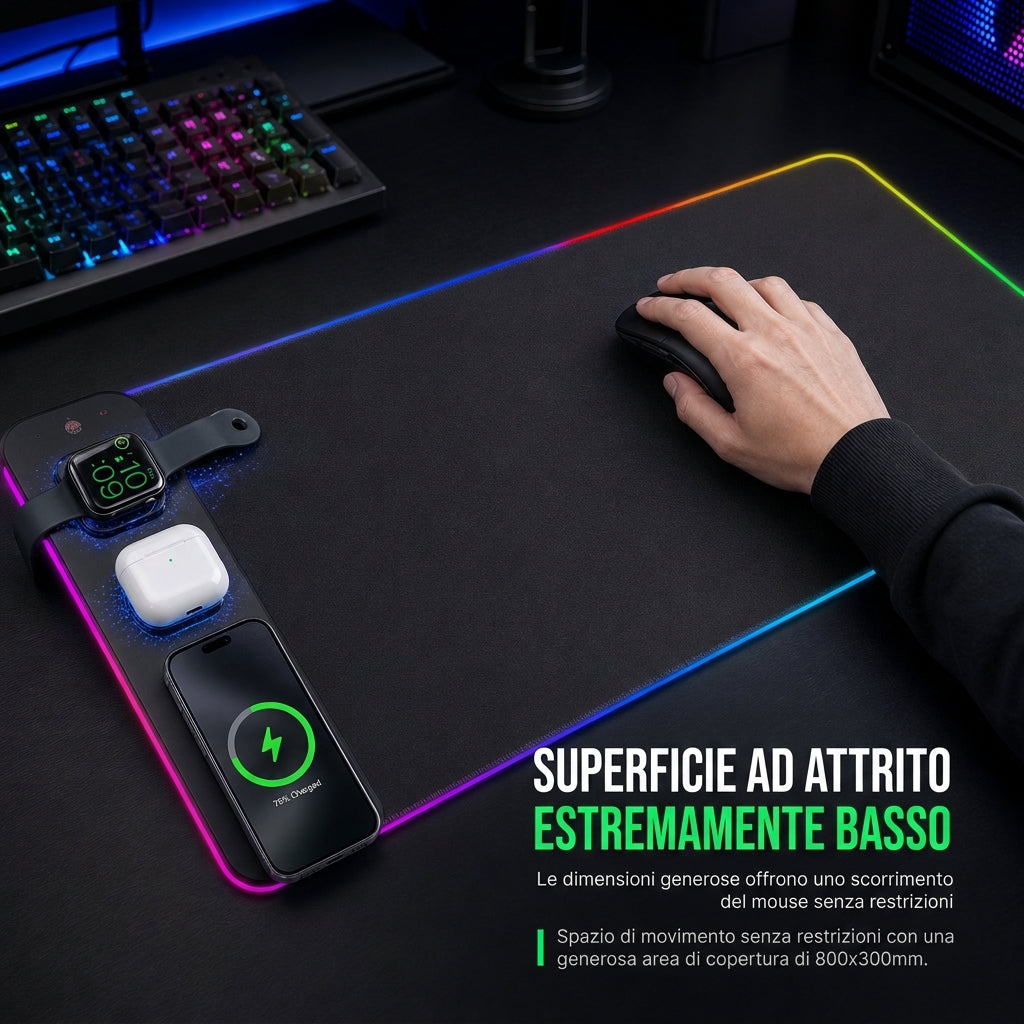 Tappetino Mouse RGB Gaming Grande con Tappetino Scrivania e Tastiera Wireless 3 in 1, Resistente allo Sporco, 800x300x4mm