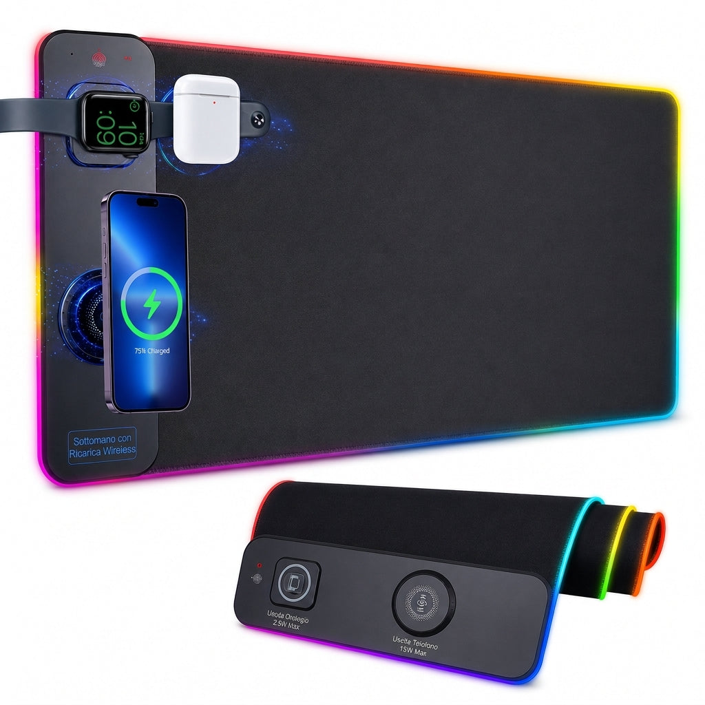 Tappetino Mouse RGB Gaming Grande con Tappetino Scrivania e Tastiera Wireless 3 in 1, Resistente allo Sporco, 800x300x4mm