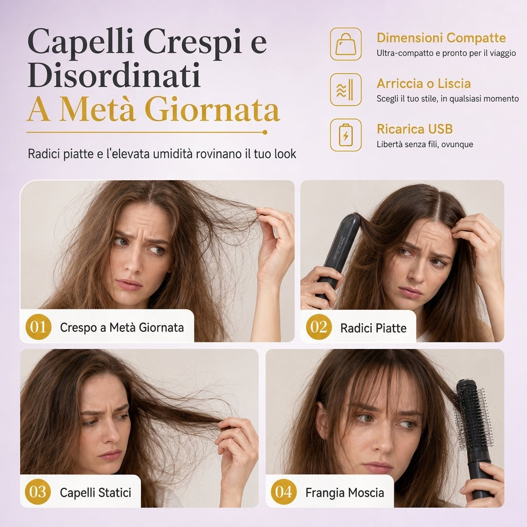 Spazzola Stirante Portatile Senza Fili Mini per Frangia e Ricci