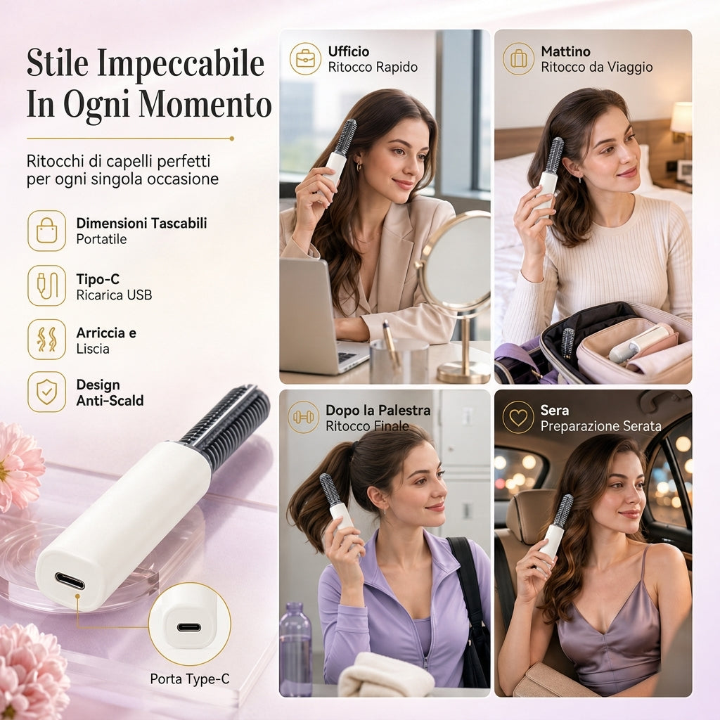 Spazzola Stirante Portatile Senza Fili Mini per Frangia e Ricci