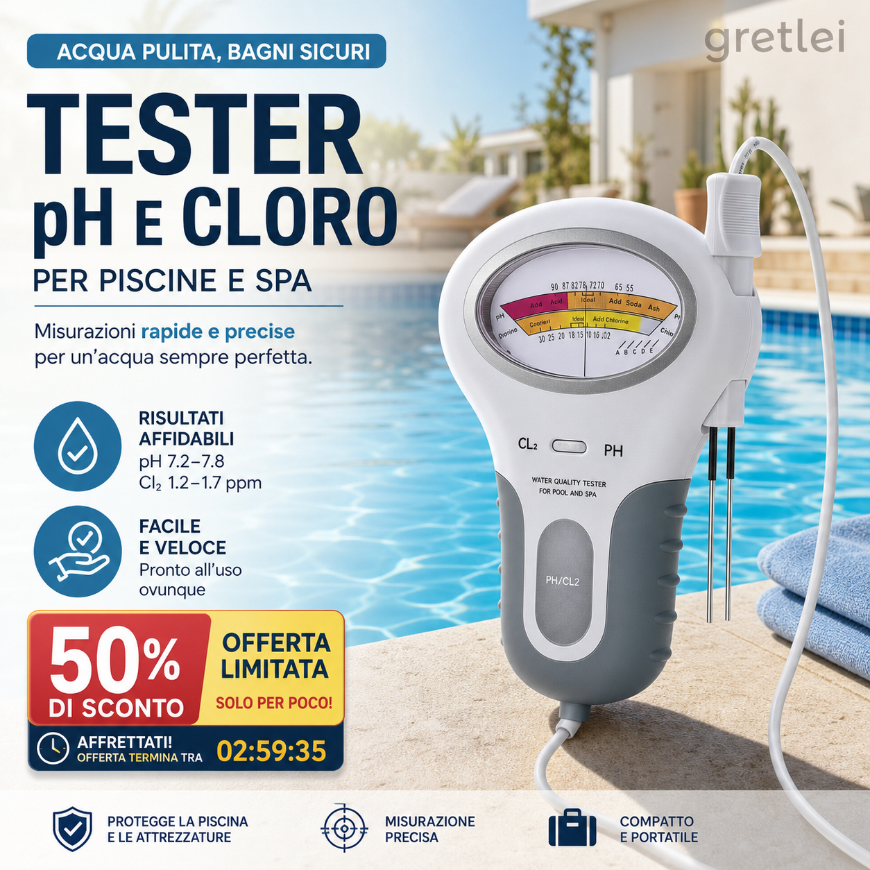 🔬💧 Tester pH & Cl2 Cloro – 50% SCONTO! Misurazione precisa di pH e Cloro in piscina – semplice, veloce, affidabile. 🔥🏊