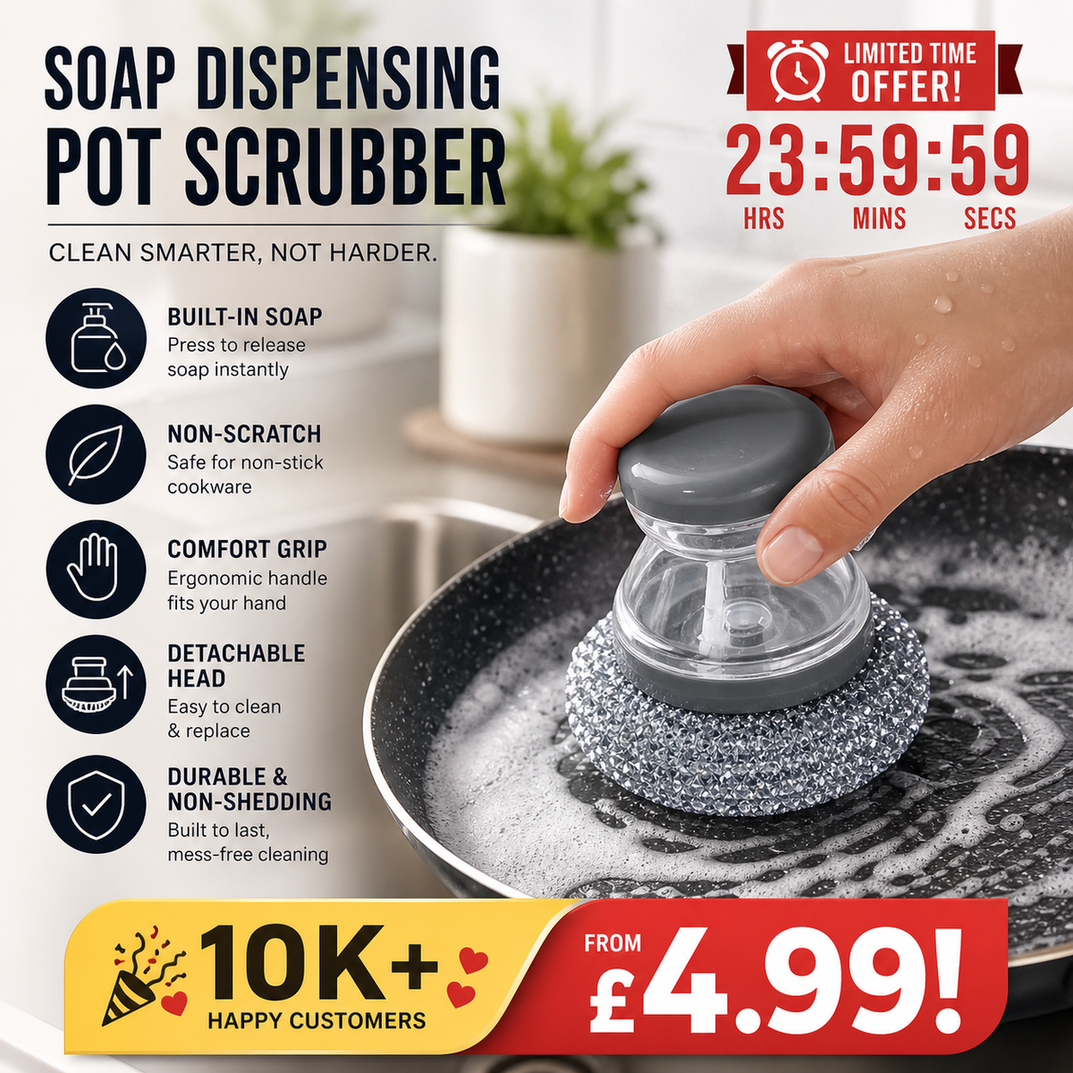 🥳 OFFERTA SPECIALE 🥳💞 Oltre 10.000 venduti! Spazzola lavapentole con dosatore di detersivo integrato, antigraffio ed ergonomica. Pulisci le pentole con facilità! ✅